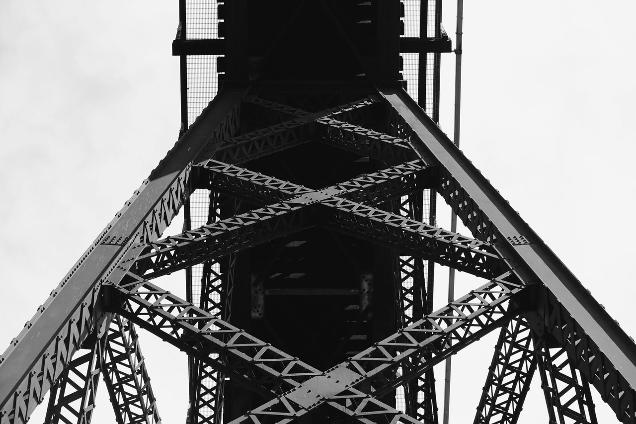 View up through a steel bridge structure